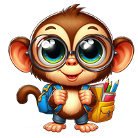 En sød, tegnet abe med store briller og en rygsæk fyldt med farveblyanter.