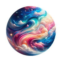 En cirkulær illustration af en farverig galakse med svævende skyer og stjerner.