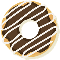 En rund donut med chokoladeovertræk og hvid glasurstriber.