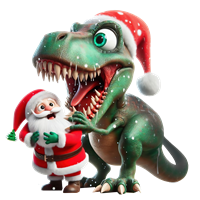Et farverigt billede af en T-Rex iført en juleskæde og en julemand, der ser overrasket ud.