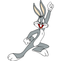 En tegneseriekanin med grå pels, der står i en sej pose med en glad mine.