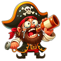 En farverig, tegneserieagtig pirat med en stor hat, der drikker fra en romflaske.