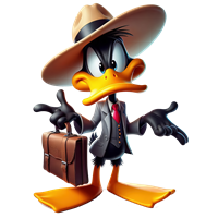 Daffy Duck iført hat og jakkesæt, holder en taske og poserer selvsikkert.