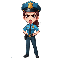 En tegneserieagtig politibetjent med et vredt udtryk, iført uniform.