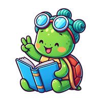 En sød, tegneserieagtig skildpadde med briller, der læser en bog og laver peace-tegnet.