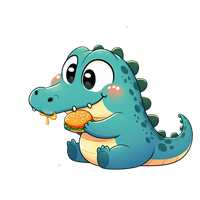 En farverig, tegneserieagtig krokodille, der smilende holder en burger.