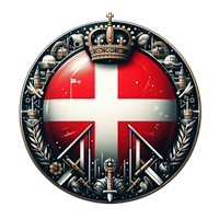 Et detaljeret emblem med det danske flag, omkranset af symboler for styrke og tradition.