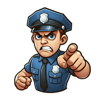 En tegneserieagtig politibetjent, der ser vred ud og peger med en truende gestus.