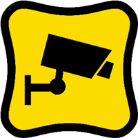 Et ikon af et overvågningskamera på en gul baggrund, der symboliserer sikkerhed.