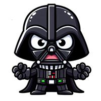 En sød og tegneserieagtig version af Darth Vader, med store øjne og en dramatisk attitude.