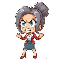 En tegneseriefigur af en vred kvinde med gråt hår, iført en rød jakke og højhælede sko.