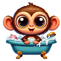 En nuttet abe med store øjne, der leger i et badekar fyldt med skum og legetøj.