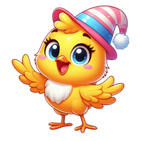 En sød, gul fugl med store øjne og en festlig hat, der ser glad ud.