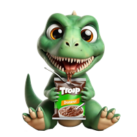 En farverig, tegnet dinosaur holder en pose snacks og smiler bredt.