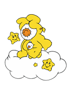 En farverig tegning af en gul karakter på en sky, omgivet af glade stjerner.