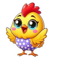 En sød, tegnet kylling med store øjne og en farverig kjole, der ser glad ud.