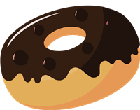 En farverig illustration af en donut med chokoladeglasur og chokoladechips.