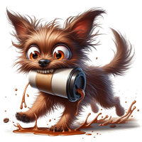 En sød hund med bustet pels, der løber med en kaffekop og spilder kaffe.