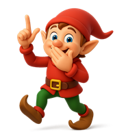 En glad nisse i rød hat og tøj, der gestikulerer med en finger og smiler.