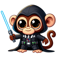 En nuttet abe iført en Jedi-ridder dragt, der holder et lyssværd.