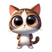 En charmerende, animeret kat med store, udtryksfulde øjne og en nuttet holdning.