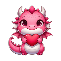 En charmerende, pink drage med store øjne, der holder et hjerte.