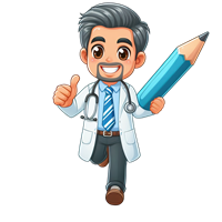 En tegnet karakter af en læge, der smilende løber med en blyant i hånden.