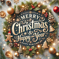 Et festligt billede med julepynt og en hilsen om glædelig jul og godt nytår.