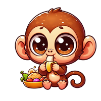 En nuttet, cartoon-lignende abe, der spiser en banan og sidder ved en skål med frugt.