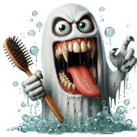 Et sjovt og uhyggeligt spøgelse med store tænder og en tandbørste, omgivet af bobler.