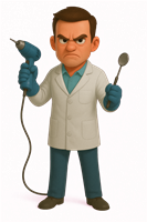 En vred tandlæge iført en hvid frakke, der holder en boremaskine og et instrument.