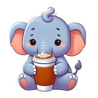 En nuttet, tegnet elefantunge sidder og holder en kaffekop med flødeskum.