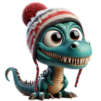 En farverig og venlig dinosaur med store øjne iført en stribet hue.