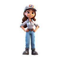 En tegnet kvindelig karakter iført arbejdstøj og kasket, smilende med hænderne på hoften.