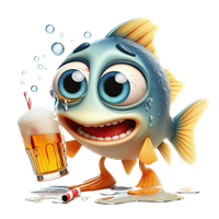 En glad, animeret fisk holder en øl og ser fornøjet ud.
