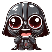 En tegneserieversion af Darth Vader med store, udtryksfulde øjne og en glad mine.