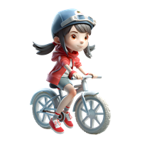 En ung pige cykler, iført hjelm og sporty tøj, med et smil på læben.