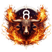 Et kunstnerisk billede af en tyr omgivet af flammer og et tal otte.