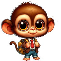 En nuttet, animeret abe med store øjne, iført jakkesæt og rygsæk.