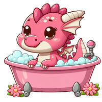En nuttet pink drage sidder i et badekar fyldt med skum og blomster.