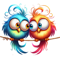 To søde og farverige fugle sidder tæt sammen på en gren, med livlige fjer og store øjne.