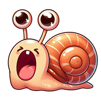 En tegneserieagtig snegl med store øjne og en åben mund, der ser ud til at gaben.