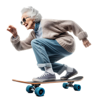 En ældre kvinde, der skater energisk på en skateboard, iført casual tøj og solbriller.