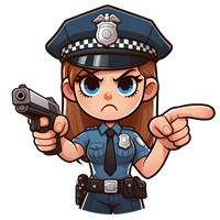 En tegnet politibetjent med en pistol, der ser alvorlig ud og peger med fingeren.