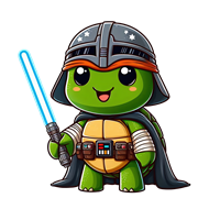 En sød, tegneserieagtig skildpadde iført en hjelm og kappe, der holder et lyssværd.