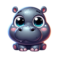 En farverig, tegneserieagtig flodhest med store øjne og en venlig mine.