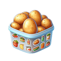 En beholder fyldt med friske kartofler, dekoreret med forskellige madikoner.