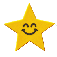 En glad, gul stjerne med et smilende ansigt, der udstråler glæde.