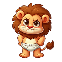 En tegneserieagtig løve med store øjne og en sur mine, iført en ble.