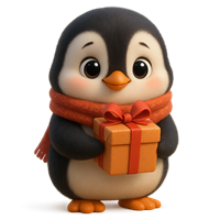 En nuttet pingvin med en rød tørklæde holder en gave i hænderne.